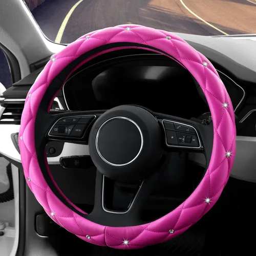 YOGURTCK Linda funda antideslizante para volante de cuero suave con diamantes de imitación de cristal brillantes, universal de 15 pulgadas para rosa