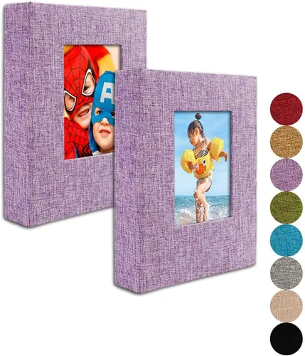 Miniatura 12 de GPIRAL Álbum de fotos pequeño de 4 x 6 pulgadas, páginas transparentes, cubierta de lino con ventana frontal, paquete de 2, cada álbum con capacidad