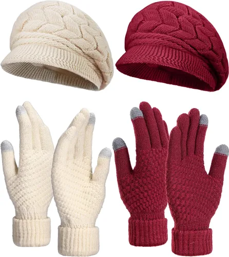SATINIOR Juego de 4 gorros y guantes de invierno para mujer, gorro de punto cálido, gorro de esquí de nieve con visera y guante para pantalla rojo