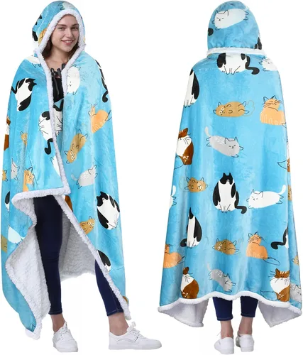 Catalonia Poncho con capucha, Manta para vestir con bolsillos para las manos, Capa Cómoda de forro polar Sherpa para niños y adultos, Regalo para