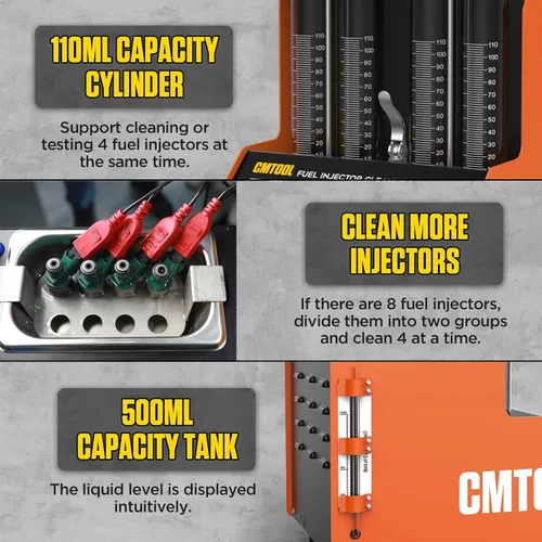 Miniatura 6 de CMTOOL Máquina limpiadora de inyector de combustible, kit de limpieza ultrasónica, 9 modos de prueba, limpiador y probador de inyector