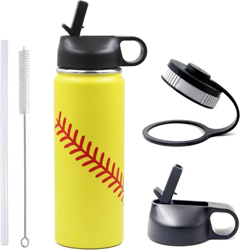 Miniatura 21 de Botella de agua de béisbol de 18 onzas, botella deportiva de boca ancha, vaso de viaje de metal con 2 tapas, botellas de agua aisladas al vacío