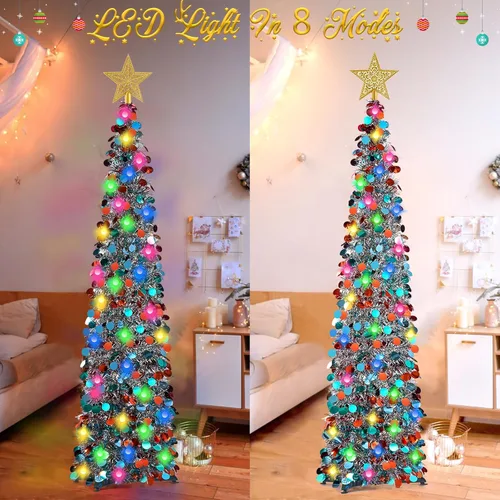 Miniatura 2 de RACPNEL Árbol de Navidad de oropel desplegable de 5 pies con luces LED, lentejuelas, adorno de árbol, árbol de Navidad plegable artificial