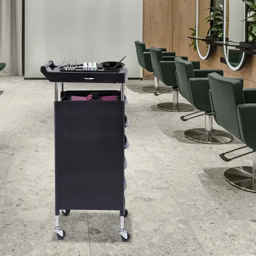 Miniatura 4 de Carrito profesional de salón, carrito de salón negro con asa y ruedas, 5 cajones y 2 soportes para secadora de pelo, bandeja lateral, carrito