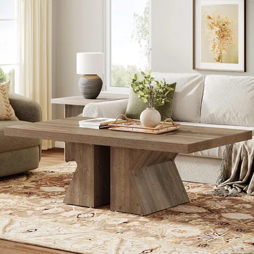 Miniatura 7 de Tribesigns Mesa de centro de madera, mesa central rectangular de 47 pulgadas con base de madera gruesa, mesa de cóctel con aspecto de madera
