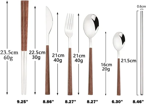 Miniatura 4 de JASHII Juego de cubiertos reutilizables de 24 piezas, acero inoxidable dorado, tenedor, cuchara, palillo y mango cuadrado de madera, servicio