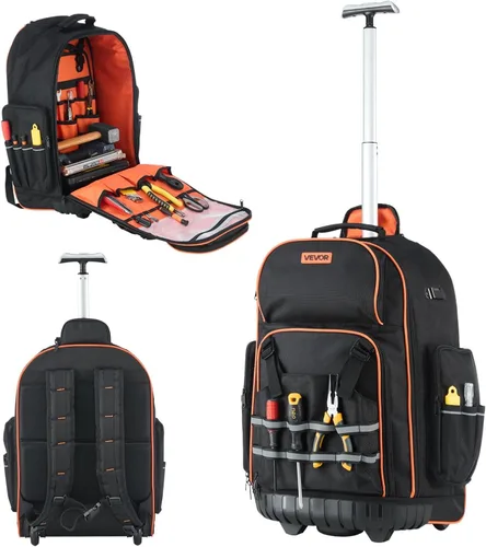 VEVOR Mochila para herramientas rodantes, capacidad de carga de 110 libras, 72 bolsillos, bolsa de herramientas resistente sobre ruedas, mango