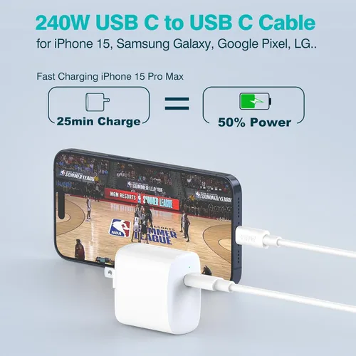 Miniatura 4 de Cable USB C a USB C de 240 W de 6.6 pies, cable de carga USB-C tipo C de carga rápida para MacBook Pro MacBook Air Charger, iPad Pro 13 12.9 11