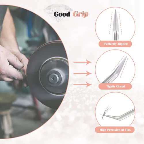 Miniatura 4 de LANKIZ Juego de 5 pinzas para extensiones de pestañas, de acero inoxidable, pinzas para extensiones de pestañas con volumen, pinzas de oro rosa