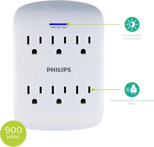 Miniatura 2 de Philips 6 enchufes extensores con protector contra sobretensiones, paquete de 2, toma de pared, 900 julios, 3 puntas, diseño que ahorra espacio, luz