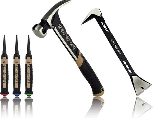 Spec Ops Tools - Juego de herramientas de 3 piezas, incluye martillo de clavar de 20 onzas, palanca de moldura de 11 pulgadas, juego de punzones de