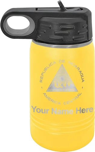 Miniatura 53 de LaserGram Botella de agua personalizada, bandera de Nicaragua, acero inoxidable de doble pared aislada al vacío con popote superior, regalo grabado