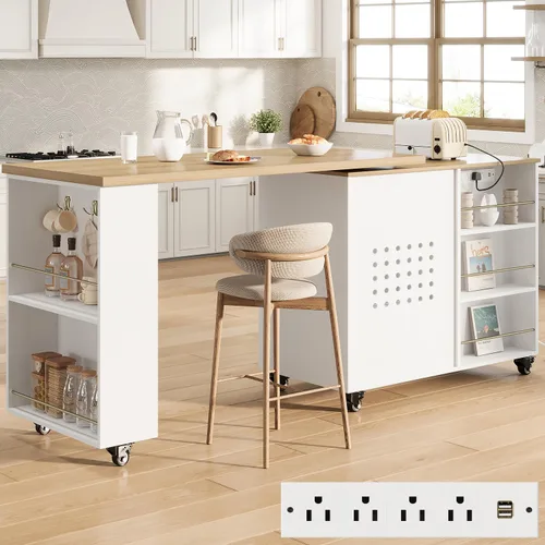 Miniatura 10 de HSH Isla de cocina rodante de 72 pulgadas con asiento, mesa giratoria de 360°, isla de cocina con gabinete de almacenamiento, cajón y estantes