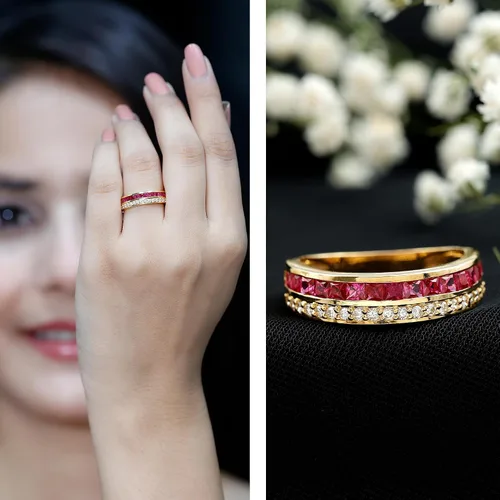 Miniatura 2 de Anillo de media eternidad de diamantes y rubí de 1.25 quilates para mujer Calidad AAA
