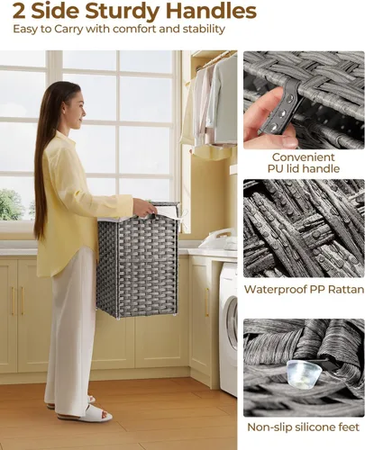 Miniatura 3 de Greenstell Cesta de ropa sucia con tapa, cesta de ropa de 60L con 2 bolsas de forro extraíbles y 2 bolsas de malla para lavandería, cesta de ropa
