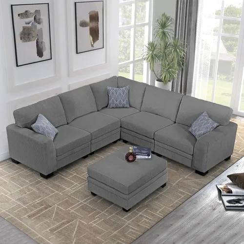 Legend Vansen Sofá Seccional Modular de Gran Tamaño, Sofá en Forma de U de 6 Asientos con Otomana, Sofá de Pana con Asiento Profundo, Sofás Gris