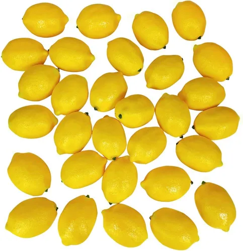 Winlyn Paquete de 30 limones de imitación amarillos, frutas artificiales, limones falsos, simulación realista para fiesta de limonada, mesa de