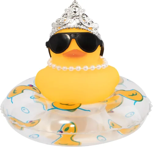 Miniatura 16 de wonuu Adornos de pato de goma para automóvil, decoración de tablero de automóvil con bonita diadema, anillo de natación, collar, gafas de sol