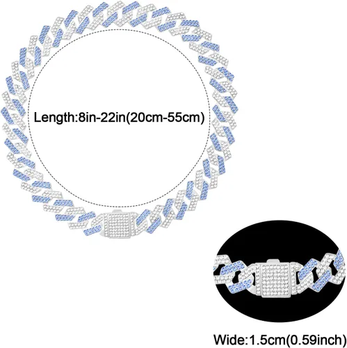 Miniatura 4 de Cadena de metal con diamantes para perros con hebilla segura, collares para mascotas para perros grandes y medianos Azul Blanco