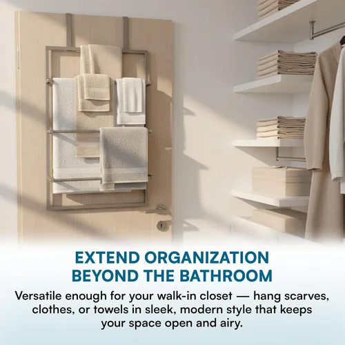 Miniatura 6 de Honey-Can-Do Toallero de 3 niveles para colocar sobre la puerta, organizador de almacenamiento de acero cromado para colgar toallas, ropa, batas