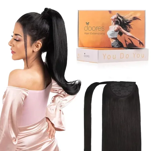 DOORES Extensiones de cabello humano para cola de caballo, color negro natural, 14 pulgadas, 2.65 oz con clip, extensiones de cabello humano real