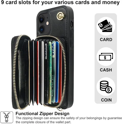 Miniatura 4 de Bocasal Funda tipo cartera cruzada para iPhone 12/12 Pro, funda de piel con bloqueo RFID y soporte para tarjetas, funda protectora con cremallera