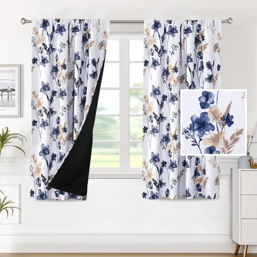 Miniatura 17 de H.VERSAILTEX Cenefas de cortina 100% opacas para ventanas de cocina, juego de 2 paneles de Cattleya con estampado floral Leah con aislamiento