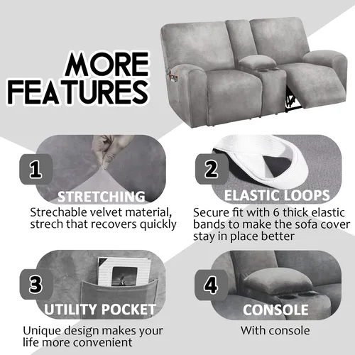 Miniatura 4 de Asiento reclinable con funda de consola central, fundas de sofá reclinable de terciopelo de 8 piezas, fundas de sofá reclinable de 2 plazas, funda