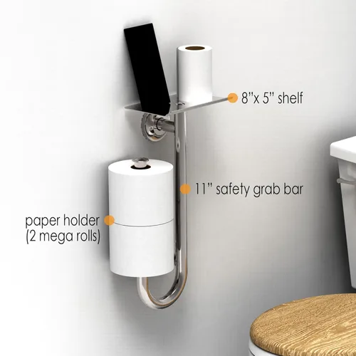 Miniatura 3 de Barra de seguridad para inodoro 3 en 1 con soporte de papel de seda integrado y estante para teléfono, para 2 megarrollos, soporte de peso de 250