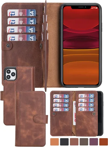 Miniatura 14 de HARDISTON Funda de piel auténtica de alta calidad hecha a mano para iPhone 11 Pro de 5.8 pulgadas, tarjeteros de doble folio, funda magnética Negro