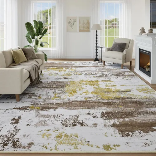 Miniatura 21 de Kelarea Alfombra lavable para sala de estar, 5 x 7 antideslizante, alfombras modernas abstractas color beige, alfombra de pelo bajo fácil
