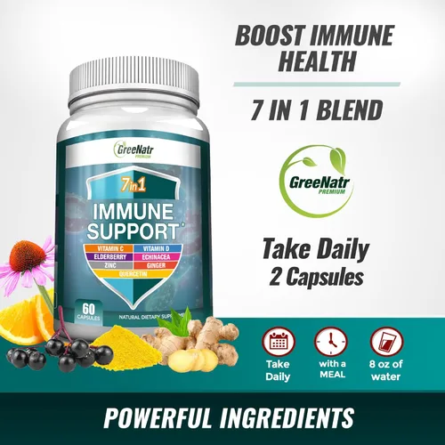 Miniatura 5 de GreeNatr Suplemento de apoyo inmunológico con vitamina C, D3, cinc 50 mg, quercetina, equinácea purpurea, sambucus saúco y jengibre para una defensa