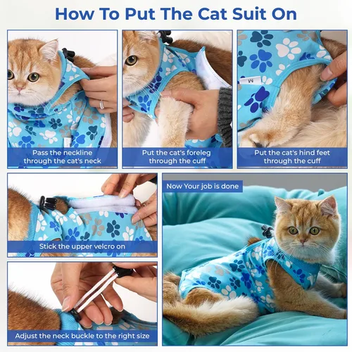Miniatura 3 de Traje de recuperación para gatos: Traje de poscirugía azul suave para gatos con diseño de huella de pata - Traje de recuperación elástico
