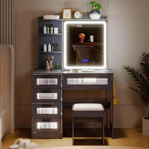 Miniatura 8 de Escritorio de tocador con espejo y luces, escritorio de maquillaje LED RGB con estación de carga, juego de tocador con taburetes y espejo táctil