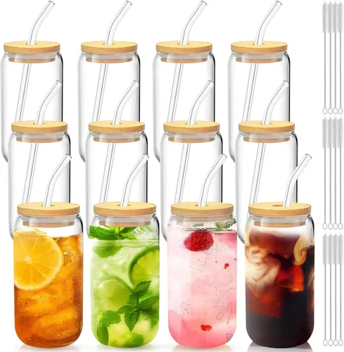 Miniatura 18 de Vasos de vidrio con tapas y pajitas, 1 paquete, tazas de café de vidrio, taza de vidrio con tapa para café helado, batido, cóctel, cerveza, whisky