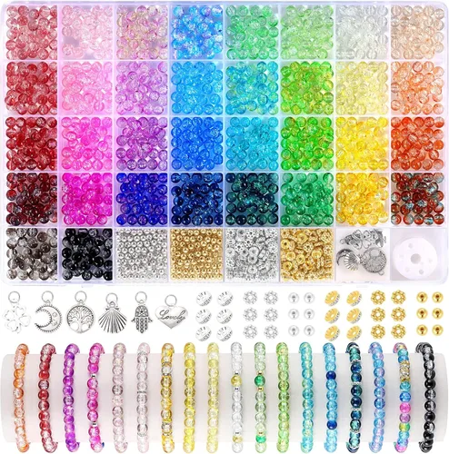 Miniatura 12 de 1368 piezas de cuentas de vidrio de 6 mm para pulseras, 34 colores de cuentas de cristal para hacer joyas, cuentas redondas de vidrio Funtopia