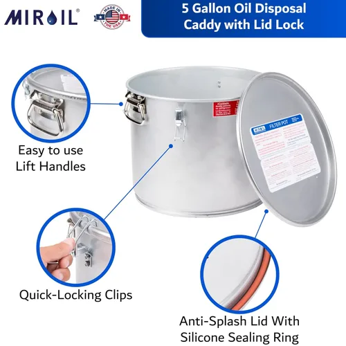 Miniatura 3 de MirOil Cubo de grasa de aceite de 5 galones y olla de filtro, recipiente plateado para freidora con cierre de tapa y clip de bloqueo, olla