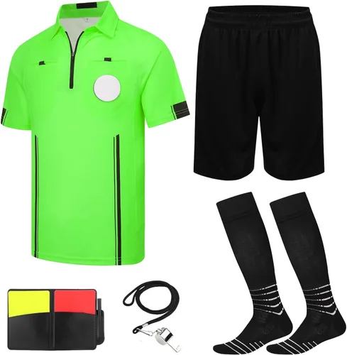 Miniatura 7 de VKT Kit de árbitro de fútbol, camiseta de árbitro de fútbol, pantalones cortos, calcetines de referencia, silbato, tarjeta roja y amarilla