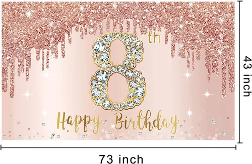 Miniatura 2 de Decoraciones de Fondo de Pancarta de Feliz 8vo Cumpleaños para Niñas, Suministros de Cartel de Fiesta de Cumpleaños 8 de Oro Rosa, Póster de Fondo