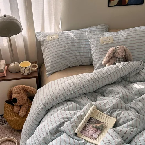 Miniatura 9 de AOJIM Blue & Brown Striped Duvet Cover Set Twin Size 100% Washed Cotton Stripe Bedding Set 3-Piece, Soft Zipper Comforter Cover and 2 Pillowcases