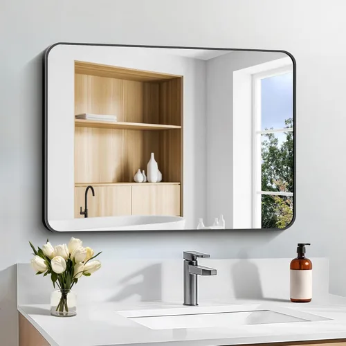 Miniatura 5 de Espejo de baño de 18 x 24 pulgadas con marco de metal negro rectangular, espejo de tocador rectangular de esquinas redondeadas, espejo de pared