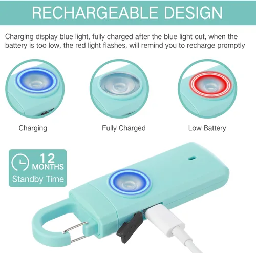 Miniatura 5 de Tellegloww 6 unidades de alarma personal recargables de seguridad para mujeres, 130 db, protección de alarma personal, sirena fuerte con llavero LED