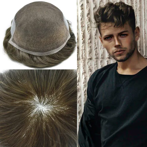 Miniatura 17 de Mens Toupee nudos blanqueados francés encaje tupé para hombres 100% europeo Remy sistema de reemplazo de cabello humano para hombres pieza de pelo