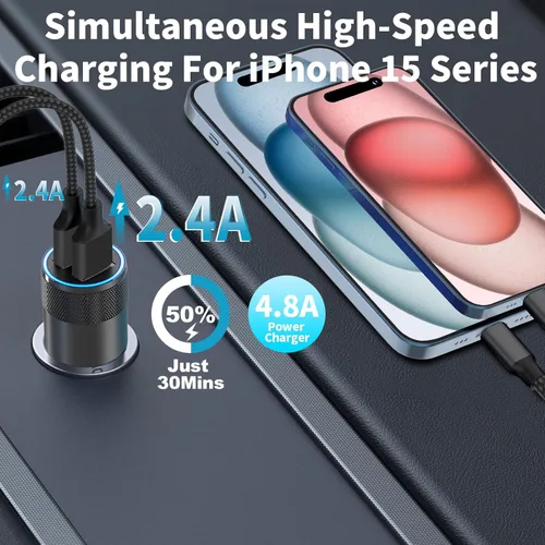 Miniatura 8 de Cargador rápido para automóvil con certificación MFi de Apple, paquete de 2 unidades de 4.8 A, cargador USB dual de 4.8 A, cargador Carplay USB