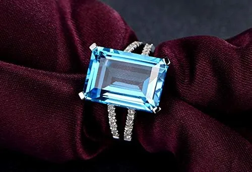 Miniatura 2 de Anillo de compromiso con topacio y zafiro, de plata 925, rectángulo, corte perfecto, anillo de compromiso solitario, anillo de compromiso