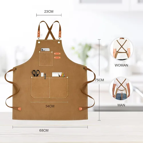 Miniatura 2 de OUNLEN Delantal de Chef para Hombres y Mujeres de Lona con 3 Bolsillos, Delantal Resistente de Trabajo con Espalda Cruzada para Cocinar Amarillo