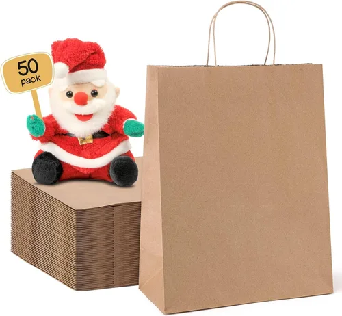 METRONIC Bolsas de papel marrón de 10 x 5 x 13 pulgadas, 50 unidades, bolsas de regalo de papel kraft de tamaño mediano con asas, bolsa de papel