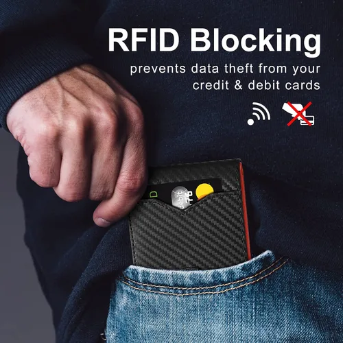 Miniatura 5 de GSOIAX Billetera delgada para hombre minimalista de cuero genuino fibra de carbono con bloqueo RFID de cuero vacuno plegable con caja de regalo