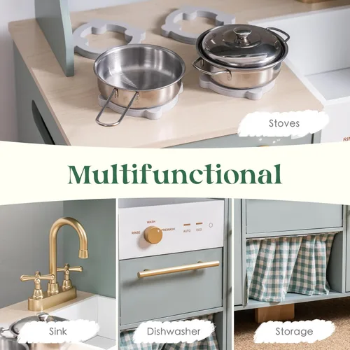 Miniatura 6 de ROBUD Juego de Cocina de Juguete, Cocina de Madera con Máquina de Hielo, Refrigerador, Cafetera, Horno, Lavavajillas, Microondas, Accesorios