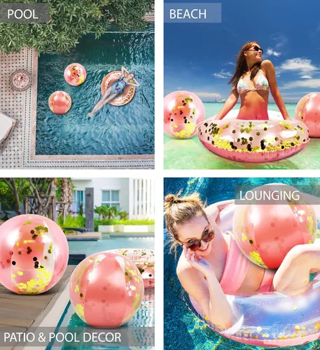 Miniatura 3 de Mozlly Paquete de pelotas de playa inflables de oro rosa y tubo de flotador de piscina, flotador de piscina y bola de playa con purpurina